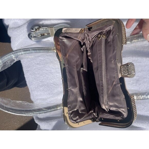 NWT Silver Rhinestone Handbag with Gold Accents Women's Purse Bridal - Picture 8 of 9